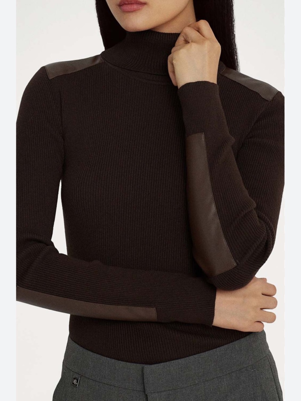 RALPH LAUREN Faux-Leather-Trim Ribbed Turtleneck - Circuit Brown